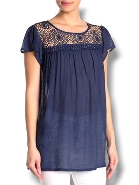 Forgotten Grace Women’s Navy Blue Crochet Trim Detail Boho Short Sleeve Top